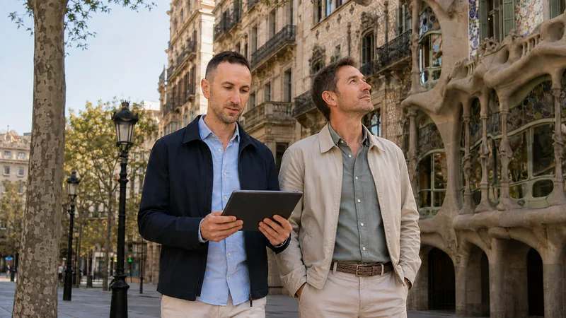 Ian consulting a tablet while a traveller admires Barcelona architecture