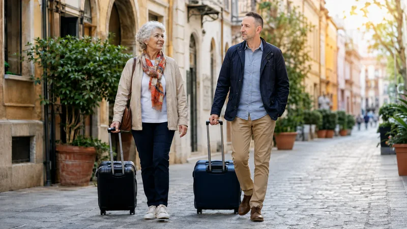 An older woman and Ian walking through a city with wheeled suitcases