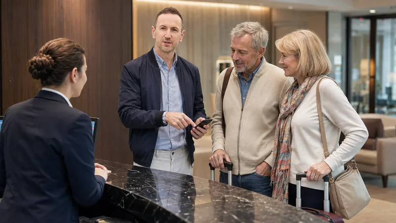 Ian assisting two travellers during hotel check-in